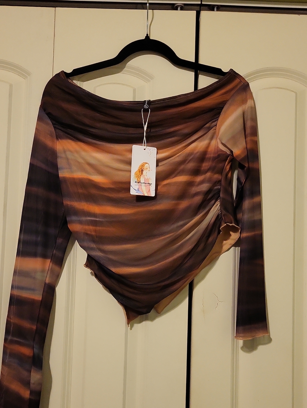 Ruched Off-Shoulder Long Sleeve Top in Brown Sunset Print